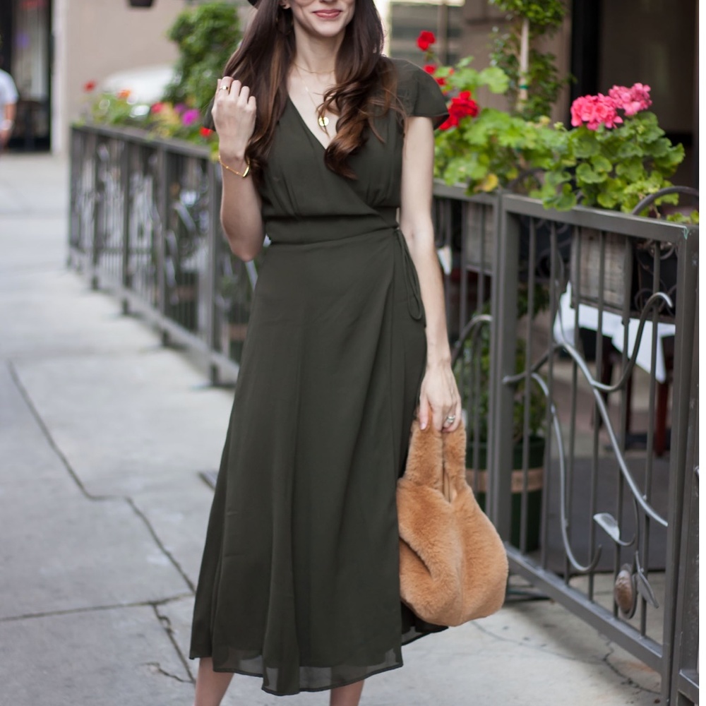 Reformation Midi Wrap Dress in Dark Olive, size M